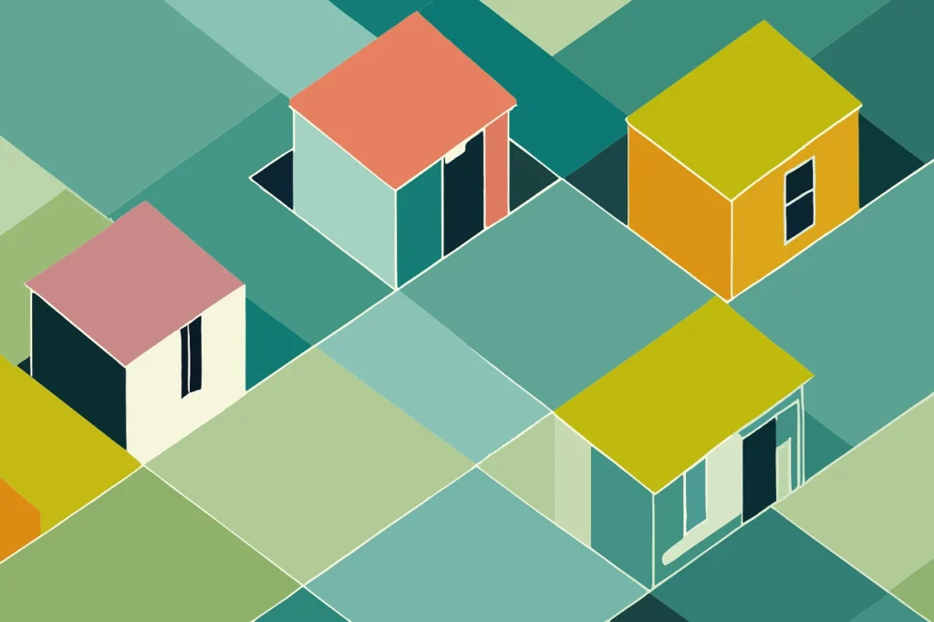 Abstract illustration of colorful energy-efficient homes in a grid layout